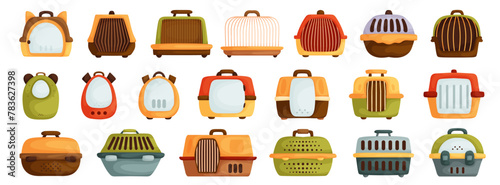 Pet Carrier Set. Empty cell. With handle and door. Portable container for transporting animals. Care. Different forms. White background. Flat cartoon vector.