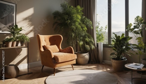 Modern interior design featuring an inviting orange armchair and an array of indoor plants, basking in natural sunlight.
