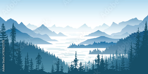 Mountain landscape with lake, ridges in fog, forest on slopes, vector illustration 