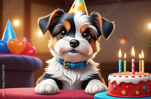 A cute dog is lying wearing a festive cap. Nearby a cake with candles . Birthday. atmospheric. photo