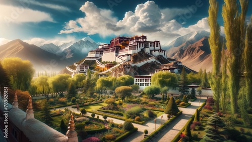 an old tibetan castle sits atop a small hill in the mountains photo