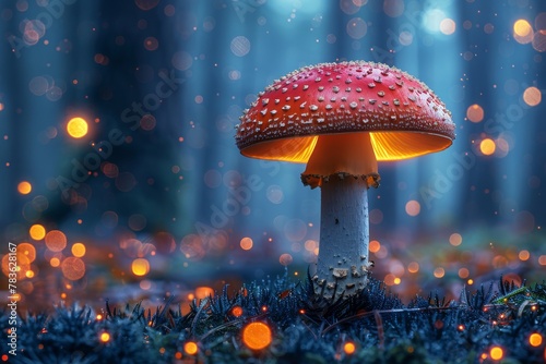 A captivating image featuring a single mushroom illuminated from beneath creating a blue-hued, dreamlike woodland scene with bokeh lights