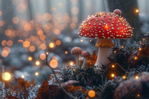 A whimsical image shows a red mushroom with white spots surrounded by bokeh lights, creating a magical and enchanted forest atmosphere