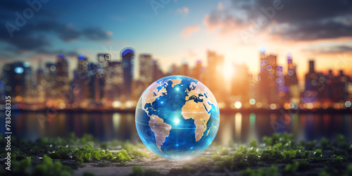 Overheating planet earth global warming, Glass globe on big city background Concept of global business, A Symbol of International Business and Earthly Communication Amidst a Blurred Background 