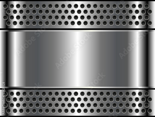 Silver metal background with dotted pattern, chrome metal background with perforated texture.