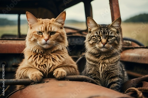 2 Staunch Cats Sitting in a Tractor.