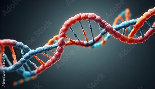 Close-up shot of intertwined DNA strands, one visibly corrupted with erratic patterns. photo