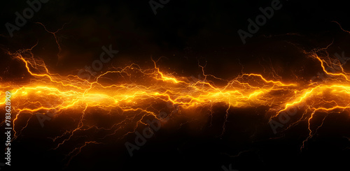 Golden lightning bolts illuminating a dark, stormy background.