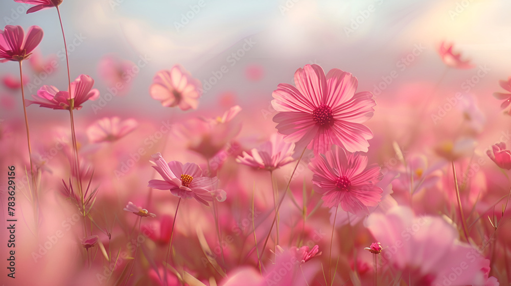 pink flowers in the field, Cosmos on field with the colorful at sky.