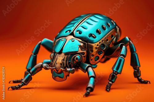 Detailed view of a turquoise and bronze mechanical beetle, with segmented limbs and a patterned shell, on an orange backdrop.