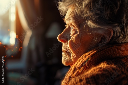 an old woman is looking out the window in her home