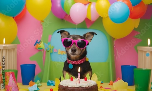 dog wearing glasses in front of a birthday cake with candles