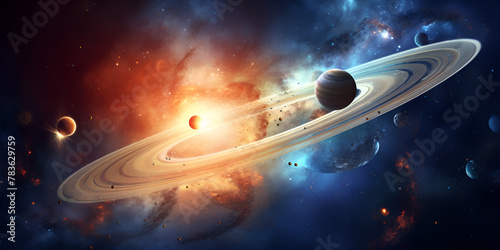  A galaxy stars and Planet with ring and satellite, A closeup of a space scene with planets and a spiral wallpaper Solar system concept , Astrological background with planets in space background 