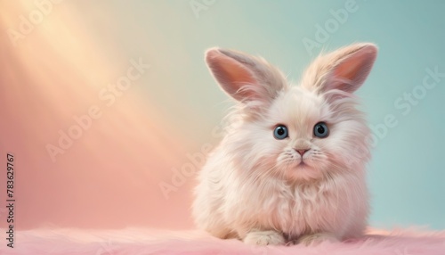 A soft pink angora rabbit with striking blue eyes sits on a pink surface, with a warm light casting a cozy glow. photo