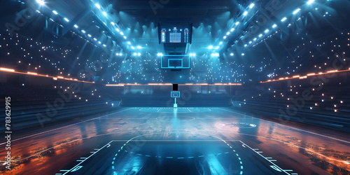 Basketball arena with glowing court and high-tech illuminated stands - Ai Generated photo