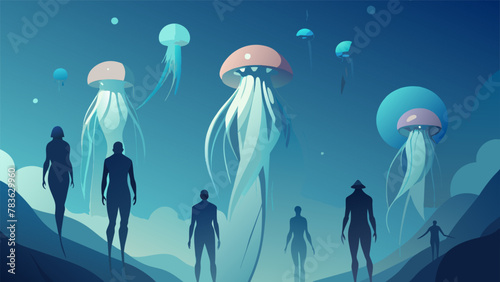 A group of ethereal jellyfishlike beings gracefully glides through the dense gases of the gas giant their translucent bodies radiating with photo