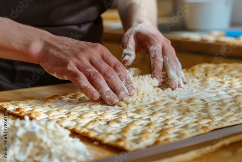 Close Up of Hands Kneading Matzah Bread, Symbolizing the Sacred Passover Tradition and Unity in Faith.