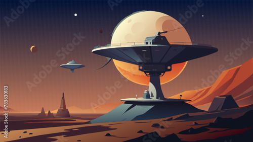 Perched atop a distant planets craterfilled surface a massive spacecraft stands tall its silhouette faintly illuminated by the distant glow of