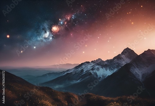 AI generated illustration of a starry night sky over mountains with shining lights