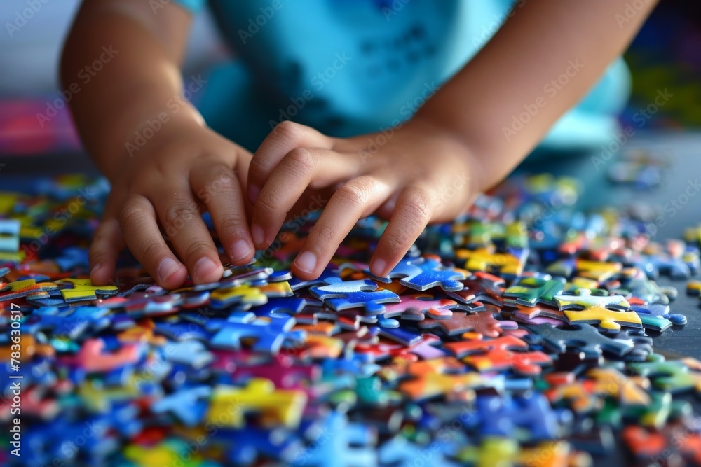 Fototapeta premium Autistic Child Sorting Puzzle by Color and Shape with Care and Focus, Illustrating Patience and Concentration.