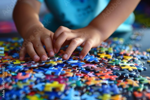 Autistic Child Sorting Puzzle by Color and Shape with Care and Focus, Illustrating Patience and Concentration.