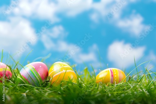 Vibrant Easter Eggs scattered in lush green grass under a clear spring sky  symbolizing celebration and renewal.