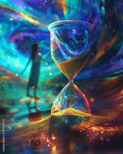 AI generated illustration of a person standing by an hourglass and colorful stars © Wirestock