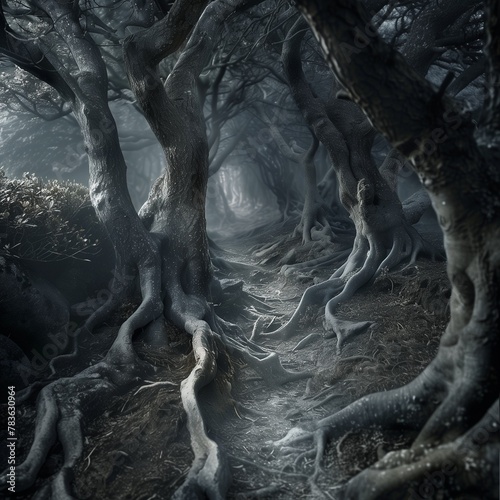 AI generated illustration of a dark forest path lined with dry trees