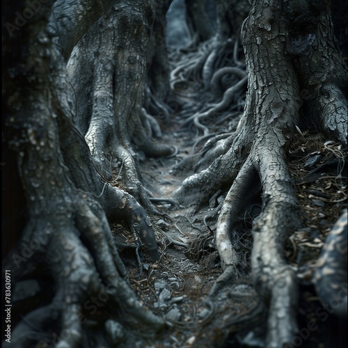 AI generated illustration of a dark forest path lined with dry trees photo