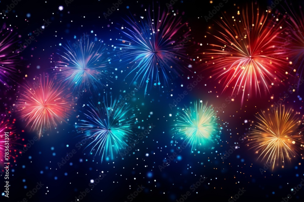 AI generated illustration of vibrant fireworks displaying on dark background with bright lights