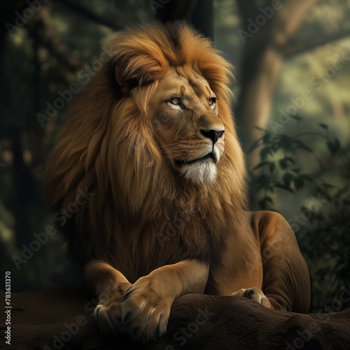 AI generated illustration of a lion sitting on a rock