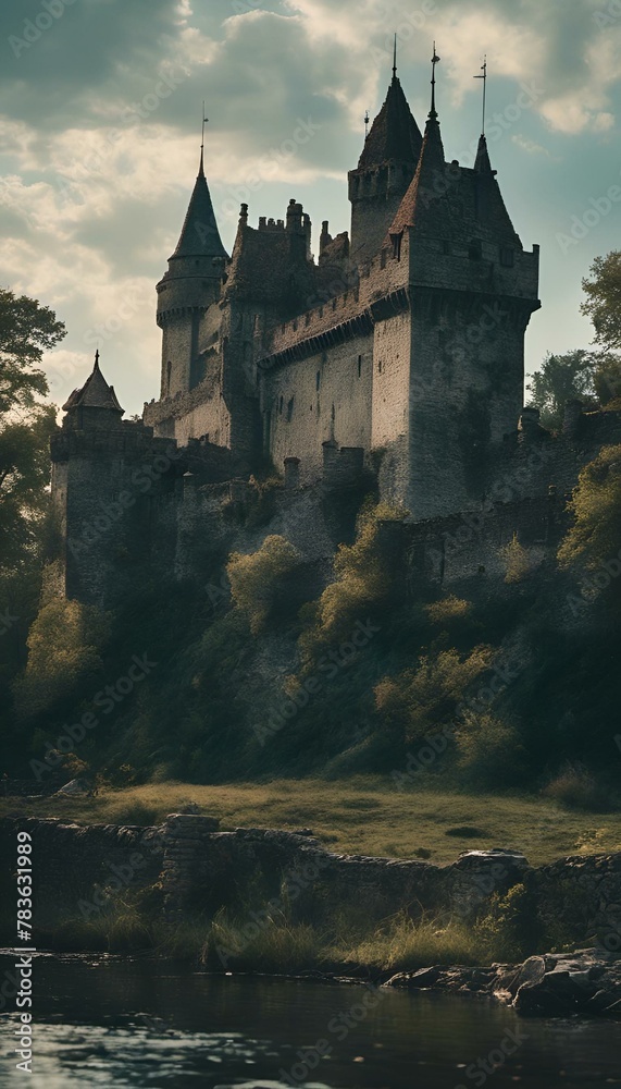 AI generated illustration of a large castle perched on a hill overlooking the water