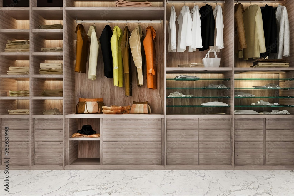 3D Rendering Minimal Scandinavian Wood Walk Closet With Wardrobe 3