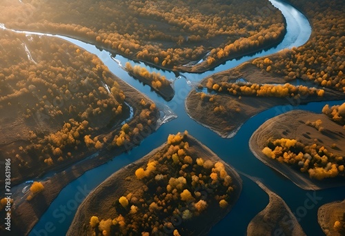 AI generated illustration of river water and grass with mountains in the background under a vast sky