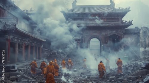 AI generated illustration of Buddhist monks circling debris near an ancient structure