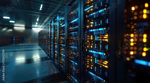 Data storage server room worldwide Network Connection with switchboard Glowing in dark as LED Illuminated Technology Background