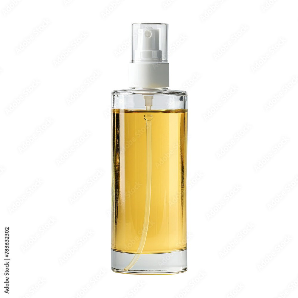 Transparent Spray Bottle with Golden Liquid for Cosmetic or Hygiene Purposes, Reflecting the Concept of Personal Care Products.