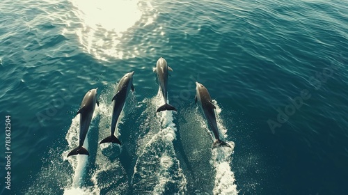 Beautiful bottlenose dolphins jumping out of sea with clear blue ocean on sunny day © Syahrul Zidane A