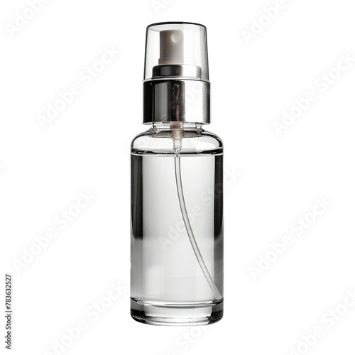 Transparent Glass Spray Bottle with Silver Dispenser, Representing the Concept of Personal Care Products.