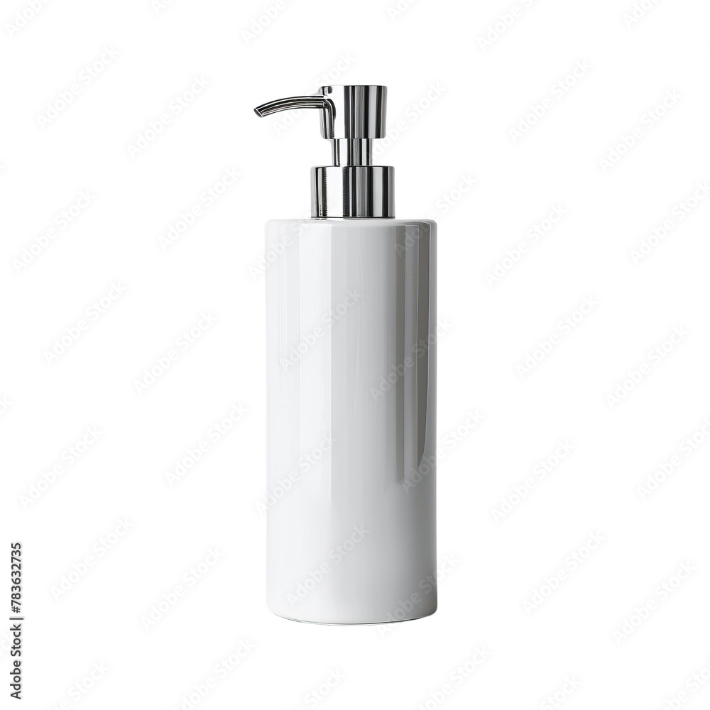 Modern White Soap Dispenser With Stainless Steel Pump, Highlighting Cleanliness and Hygiene.