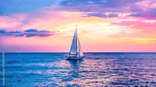 A lone sailboat on the horizon, bathed in the golden glow of sunset, against a canvas of dreamy ocean blues and pinks.