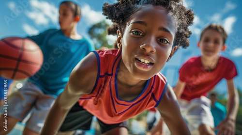 AI generated illustration of young basketball players in uniform playing on the court