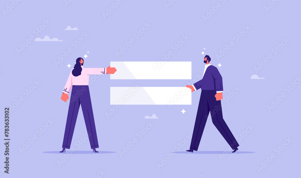 Fototapeta premium Equality in workplace concept, providing equal job opportunities for all employees without discrimination concept, businessman and Businesswoman holding with equal sign