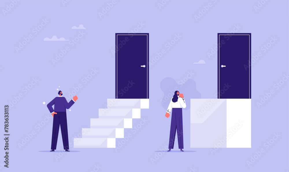 Gender discrimination or workplace sexism and unfair competition, businessman and businesswoman standing in front of different size staircases to door Gender discrimination or workplace sexism and unfair competition, businessman and businesswoman standing in front of different size staircases to door
