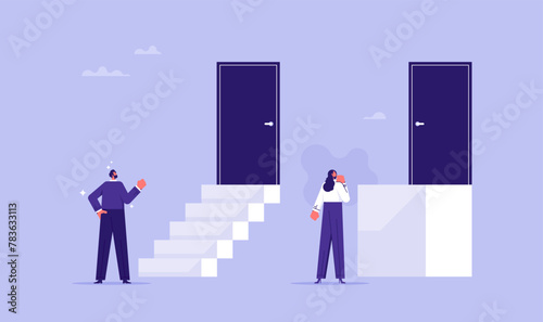 Gender discrimination or workplace sexism and unfair competition, businessman and businesswoman standing in front of different size staircases to door