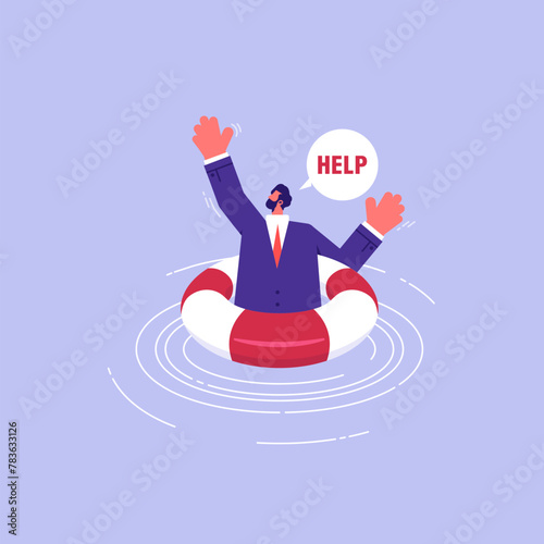 Help in crisis, rescue or business support concept, businessman with lifebuoy need of help and rescue, bankruptcy or business problem