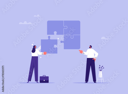 Teamwork and partnership concept, business team combines puzzle pieces together, finding solution and solving problem