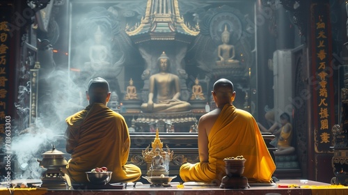 AI generated illustration of monks seated in a temple with candles