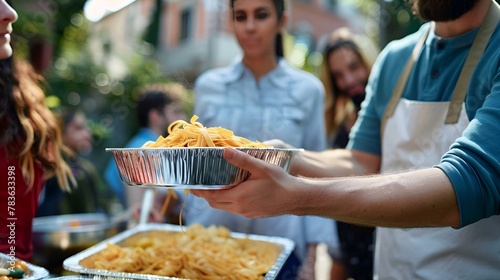 a woman holding a bowl full of spaghetti and being served by a volunteer