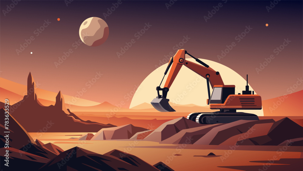 As the sun sets over the lunar horizon a robotic excavator silently scoops up chunks of regolith the moons dusty soil sifting through it for - obrazy, fototapety, plakaty 